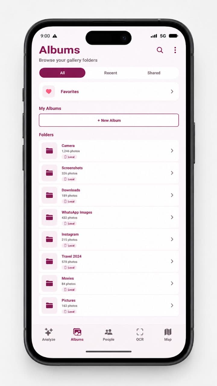 PhotoDesk Albums screen — browse your gallery folders and favorites