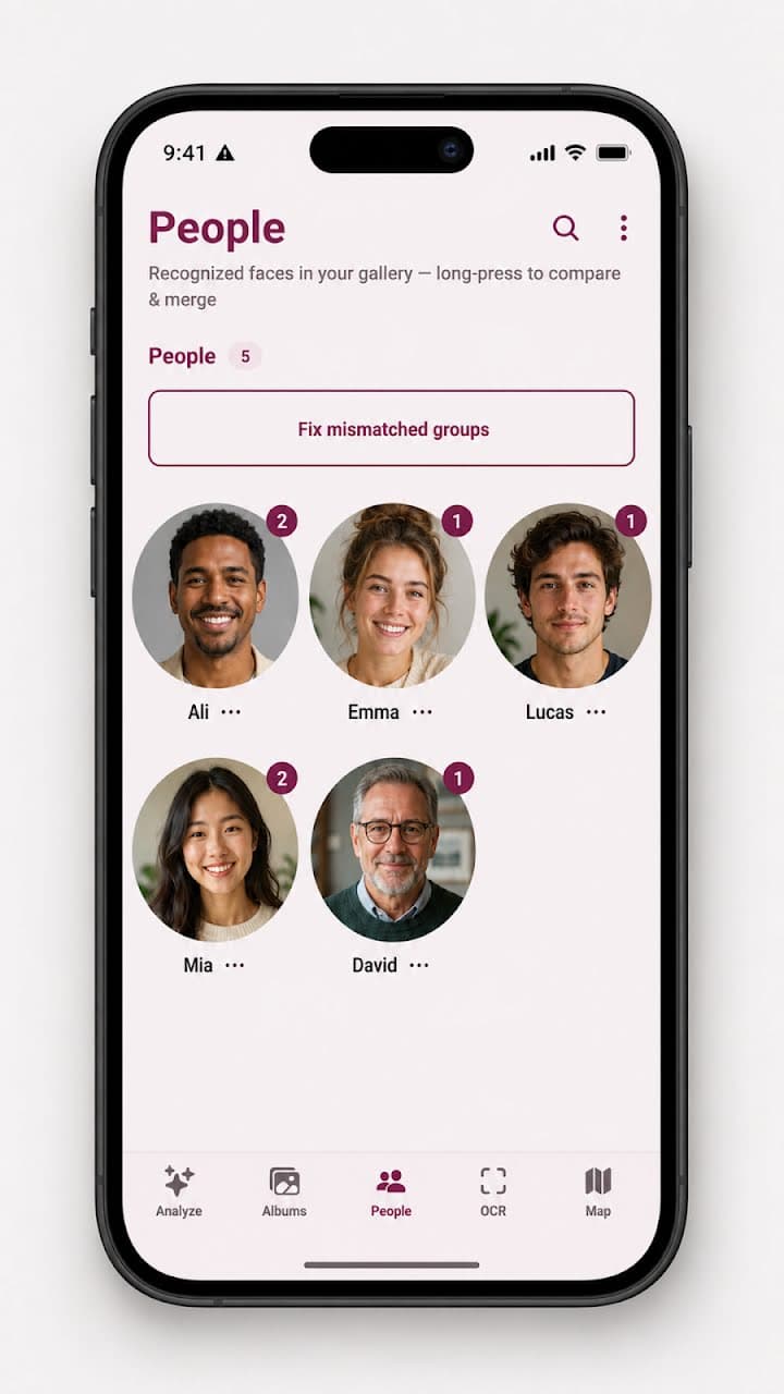 PhotoDesk merge suggestions — fix mismatched face groups in one tap