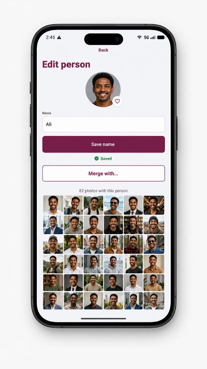 PhotoDesk Edit person — rename, favorite, and merge a person's photos