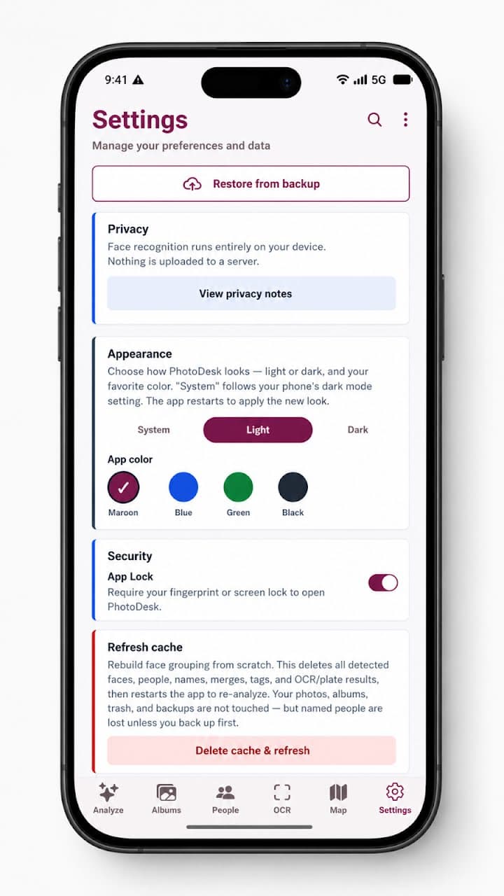 PhotoDesk Settings — privacy, appearance, app lock, and backup controls
