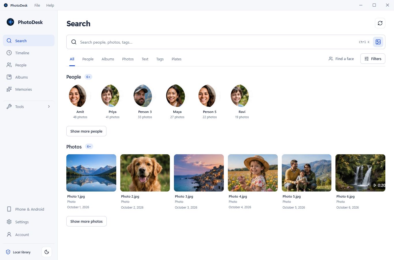 PhotoDesk for Windows — search people, photos, and tags across your library